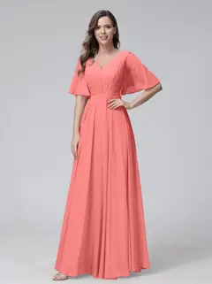 A-Line/Princess V-Neck Half Sleeves Floor-Length Bridemaid Dresses With Ruffles & Pockets — view 32