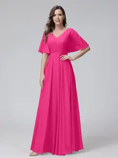 A-Line/Princess V-Neck Half Sleeves Floor-Length Bridemaid Dresses With Ruffles & Pockets — view 33