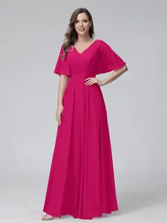 A-Line/Princess V-Neck Half Sleeves Floor-Length Bridemaid Dresses With Ruffles & Pockets — view 34