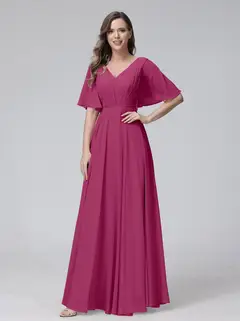 A-Line/Princess V-Neck Half Sleeves Floor-Length Bridemaid Dresses With Ruffles & Pockets — view 35
