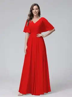A-Line/Princess V-Neck Half Sleeves Floor-Length Bridemaid Dresses With Ruffles & Pockets — view 36