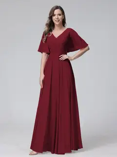 A-Line/Princess V-Neck Half Sleeves Floor-Length Bridemaid Dresses With Ruffles & Pockets — view 37