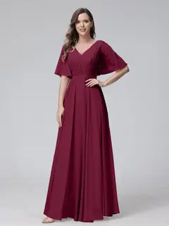 A-Line/Princess V-Neck Half Sleeves Floor-Length Bridemaid Dresses With Ruffles & Pockets — view 38