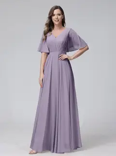 A-Line/Princess V-Neck Half Sleeves Floor-Length Bridemaid Dresses With Ruffles & Pockets — view 39