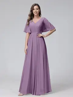A-Line/Princess V-Neck Half Sleeves Floor-Length Bridemaid Dresses With Ruffles & Pockets — view 40