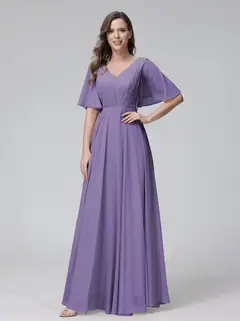 A-Line/Princess V-Neck Half Sleeves Floor-Length Bridemaid Dresses With Ruffles & Pockets — view 41