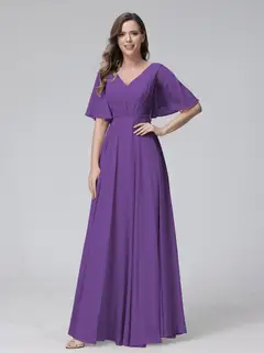 A-Line/Princess V-Neck Half Sleeves Floor-Length Bridemaid Dresses With Ruffles & Pockets — view 42