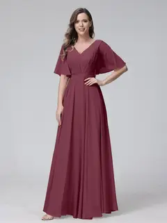 A-Line/Princess V-Neck Half Sleeves Floor-Length Bridemaid Dresses With Ruffles & Pockets — view 43