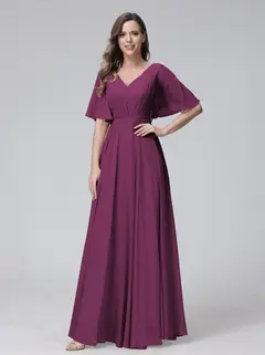 A-Line/Princess V-Neck Half Sleeves Floor-Length Bridemaid Dresses With Ruffles & Pockets — view 44