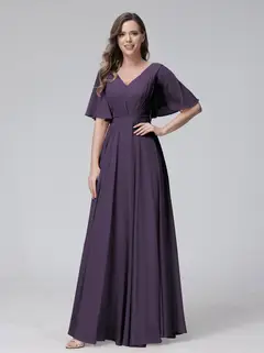 A-Line/Princess V-Neck Half Sleeves Floor-Length Bridemaid Dresses With Ruffles & Pockets — view 45