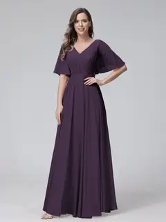 A-Line/Princess V-Neck Half Sleeves Floor-Length Bridemaid Dresses With Ruffles & Pockets — view 46