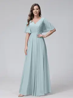 A-Line/Princess V-Neck Half Sleeves Floor-Length Bridemaid Dresses With Ruffles & Pockets — view 47