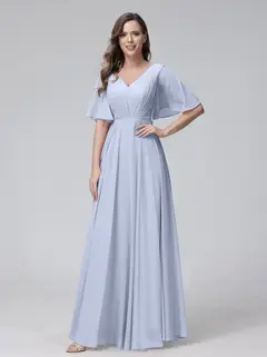 A-Line/Princess V-Neck Half Sleeves Floor-Length Bridemaid Dresses With Ruffles & Pockets — view 48
