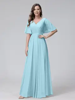 A-Line/Princess V-Neck Half Sleeves Floor-Length Bridemaid Dresses With Ruffles & Pockets — view 49
