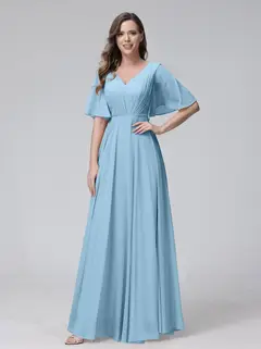 A-Line/Princess V-Neck Half Sleeves Floor-Length Bridemaid Dresses With Ruffles & Pockets — view 50