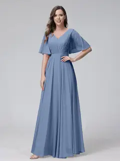 A-Line/Princess V-Neck Half Sleeves Floor-Length Bridemaid Dresses With Ruffles & Pockets — view 51