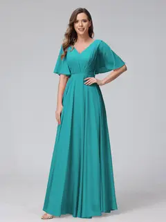 A-Line/Princess V-Neck Half Sleeves Floor-Length Bridemaid Dresses With Ruffles & Pockets — view 52