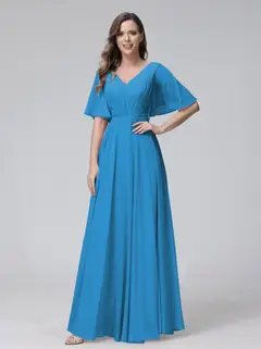 A-Line/Princess V-Neck Half Sleeves Floor-Length Bridemaid Dresses With Ruffles & Pockets — view 53