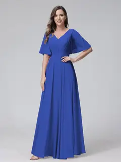 A-Line/Princess V-Neck Half Sleeves Floor-Length Bridemaid Dresses With Ruffles & Pockets — view 54