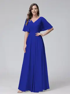 A-Line/Princess V-Neck Half Sleeves Floor-Length Bridemaid Dresses With Ruffles & Pockets — view 55
