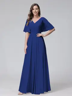 A-Line/Princess V-Neck Half Sleeves Floor-Length Bridemaid Dresses With Ruffles & Pockets — view 56
