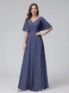 A-Line/Princess V-Neck Half Sleeves Floor-Length Bridemaid Dresses With Ruffles & Pockets — view 57