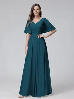 A-Line/Princess V-Neck Half Sleeves Floor-Length Bridemaid Dresses With Ruffles & Pockets — view 58