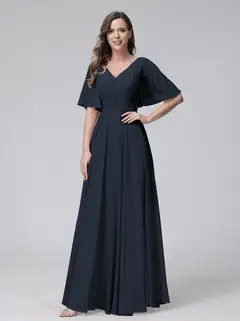 A-Line/Princess V-Neck Half Sleeves Floor-Length Bridemaid Dresses With Ruffles & Pockets — view 59