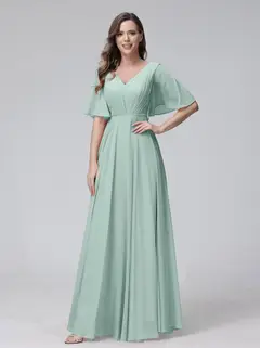 A-Line/Princess V-Neck Half Sleeves Floor-Length Bridemaid Dresses With Ruffles & Pockets — view 60