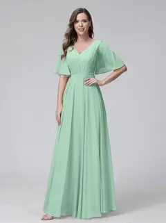 A-Line/Princess V-Neck Half Sleeves Floor-Length Bridemaid Dresses With Ruffles & Pockets — view 61
