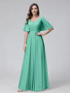 A-Line/Princess V-Neck Half Sleeves Floor-Length Bridemaid Dresses With Ruffles & Pockets — view 62