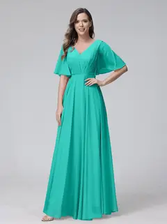 A-Line/Princess V-Neck Half Sleeves Floor-Length Bridemaid Dresses With Ruffles & Pockets — view 63