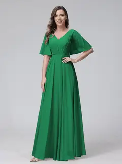 A-Line/Princess V-Neck Half Sleeves Floor-Length Bridemaid Dresses With Ruffles & Pockets — view 64