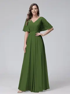 A-Line/Princess V-Neck Half Sleeves Floor-Length Bridemaid Dresses With Ruffles & Pockets — view 65