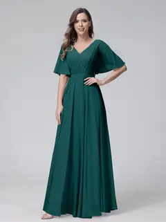 A-Line/Princess V-Neck Half Sleeves Floor-Length Bridemaid Dresses With Ruffles & Pockets — view 66