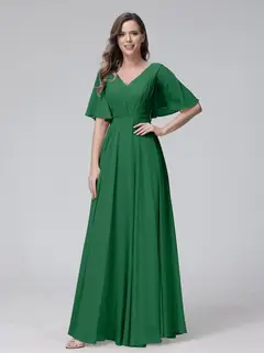 A-Line/Princess V-Neck Half Sleeves Floor-Length Bridemaid Dresses With Ruffles & Pockets — view 67