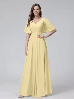 A-Line/Princess V-Neck Half Sleeves Floor-Length Bridemaid Dresses With Ruffles & Pockets — view 68