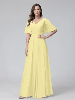 A-Line/Princess V-Neck Half Sleeves Floor-Length Bridemaid Dresses With Ruffles & Pockets — view 69