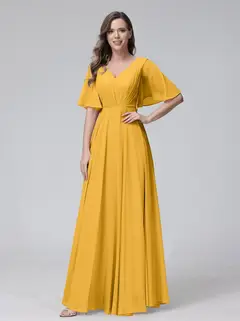 A-Line/Princess V-Neck Half Sleeves Floor-Length Bridemaid Dresses With Ruffles & Pockets — view 70