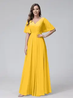 A-Line/Princess V-Neck Half Sleeves Floor-Length Bridemaid Dresses With Ruffles & Pockets — view 71
