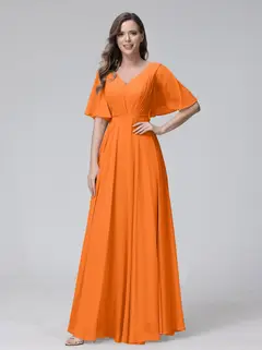 A-Line/Princess V-Neck Half Sleeves Floor-Length Bridemaid Dresses With Ruffles & Pockets — view 72