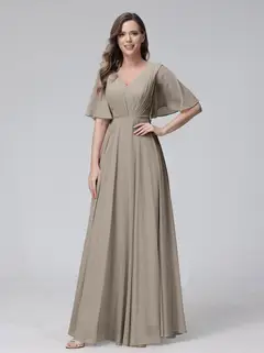 A-Line/Princess V-Neck Half Sleeves Floor-Length Bridemaid Dresses With Ruffles & Pockets — view 73