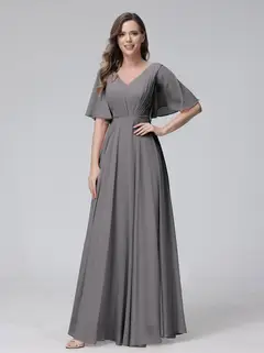 A-Line/Princess V-Neck Half Sleeves Floor-Length Bridemaid Dresses With Ruffles & Pockets — view 74