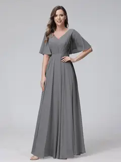 A-Line/Princess V-Neck Half Sleeves Floor-Length Bridemaid Dresses With Ruffles & Pockets — view 75
