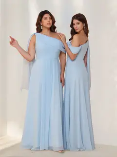 A-Line/Princess One-Shoulder Sleeveless Floor-Length Chiffon Plus Size Bridesmaid Dresses with Watteau Train — view 2