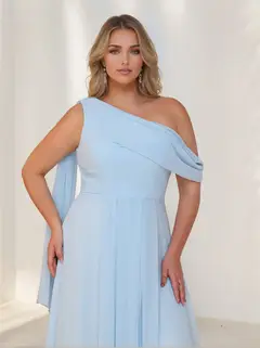 A-Line/Princess One-Shoulder Sleeveless Floor-Length Chiffon Plus Size Bridesmaid Dresses with Watteau Train — view 3