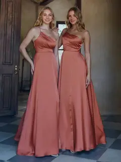 A-Line/Princess One-Shoulder Sleeveless Floor-Length Silk Satin Bridesmaid Dresses — view 1