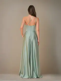 A-Line/Princess Spaghetti Straps Sleeveless Floor-Length Silk Satin Long Plus Size Bridesmaid Dresses with Ruched & Spli — view 2