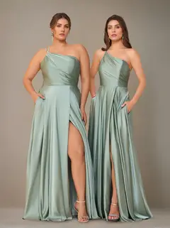 A-Line/Princess Spaghetti Straps Sleeveless Floor-Length Silk Satin Long Plus Size Bridesmaid Dresses with Ruched & Spli — view 3