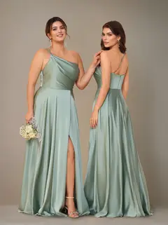 A-Line/Princess Spaghetti Straps Sleeveless Floor-Length Silk Satin Long Plus Size Bridesmaid Dresses with Ruched & Spli — view 4